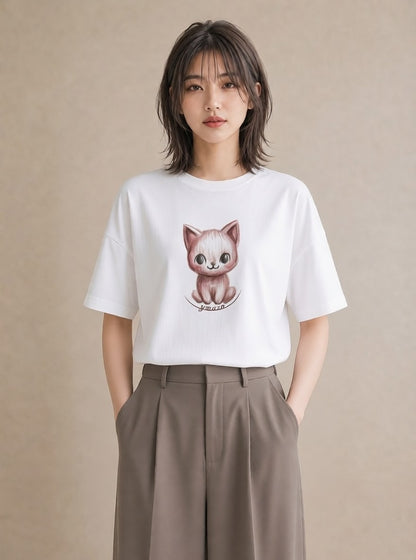 半袖Tシャツ レディース ニャンコ 猫 ねこ イラスト 個性的 デート 帰省 白T YMAZO