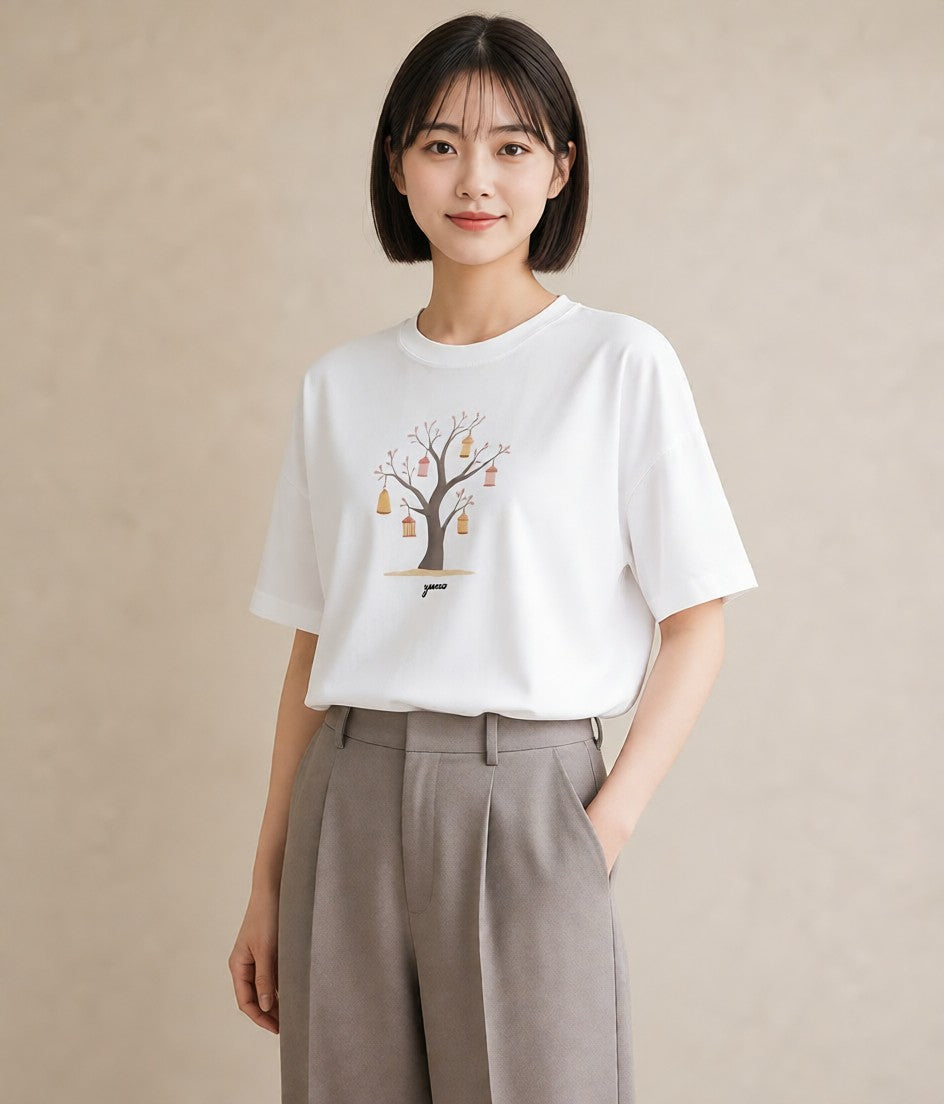 デザインTシャツ レディース 街灯 夜霧 夜 ナチュラル アンティーク イラスト 普段使い レイヤード 友達ギフト 白T YMAZO