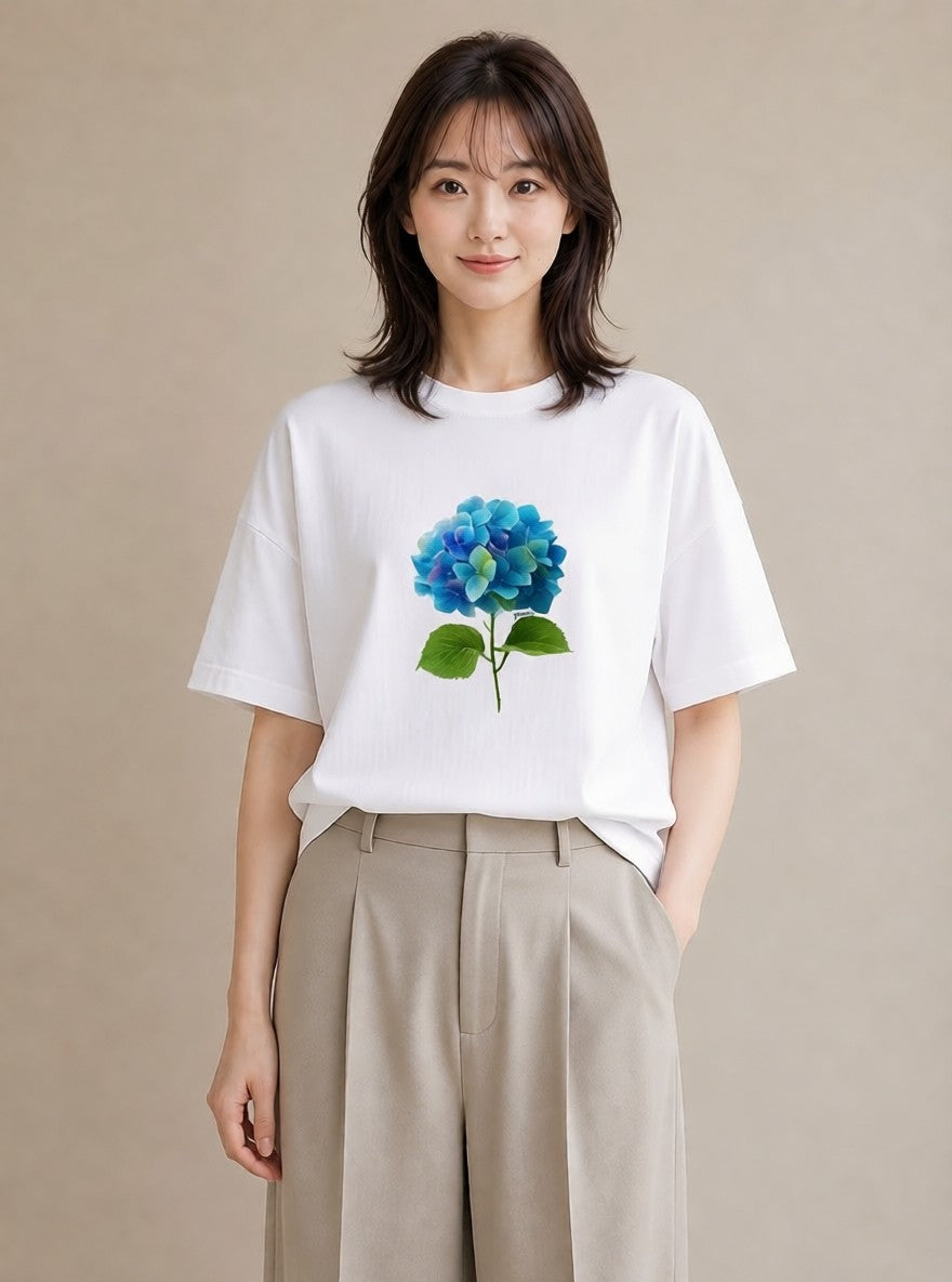 半袖Tシャツ レディース あじさい 紫陽花 アジサイ 花 花柄 イラスト 可愛い 自分用 ルームウェア 白T YMAZO