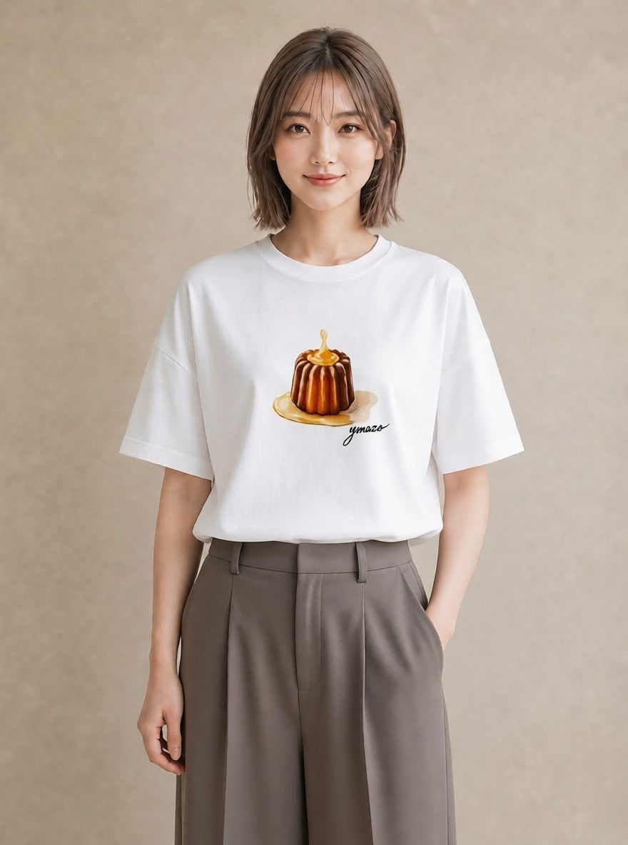 半袖Tシャツ レディース プリン 食べ物 フード イラスト シック 帰省 ラフ 白T YMAZO