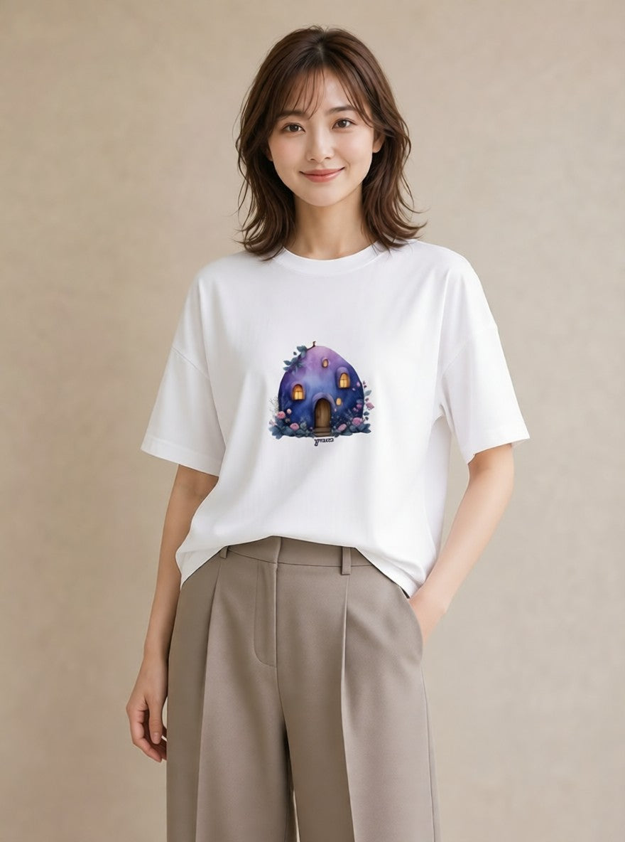 グラフィックTシャツ レディース 灯りの家 小屋 夜 ナチュラル アンティーク イラスト ボタニカル 誕生日プレゼント 綿100 白T YMAZO