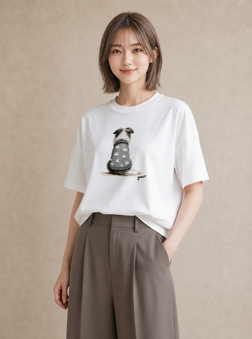 半袖Tシャツ レディース 犬 いぬ イラスト 休日コーデ 帰省 ラフ 白T YMAZO