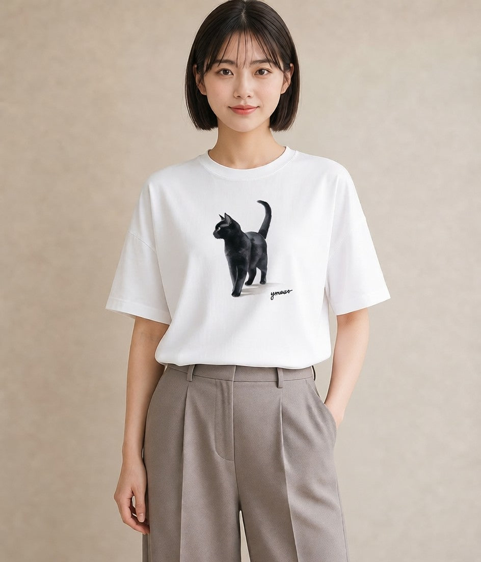 半袖Tシャツ レディース アビシニアン 猫 ねこ イラスト ラフ 旅行用 海 白T YMAZO