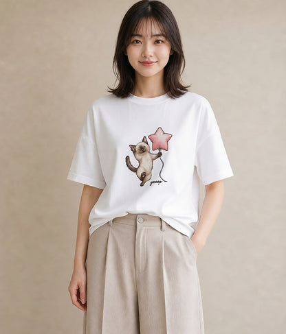 Tシャツ レディース シャム柄 猫 ねこ イラスト ナチュラル 母の日 ビーチ 白T YMAZO