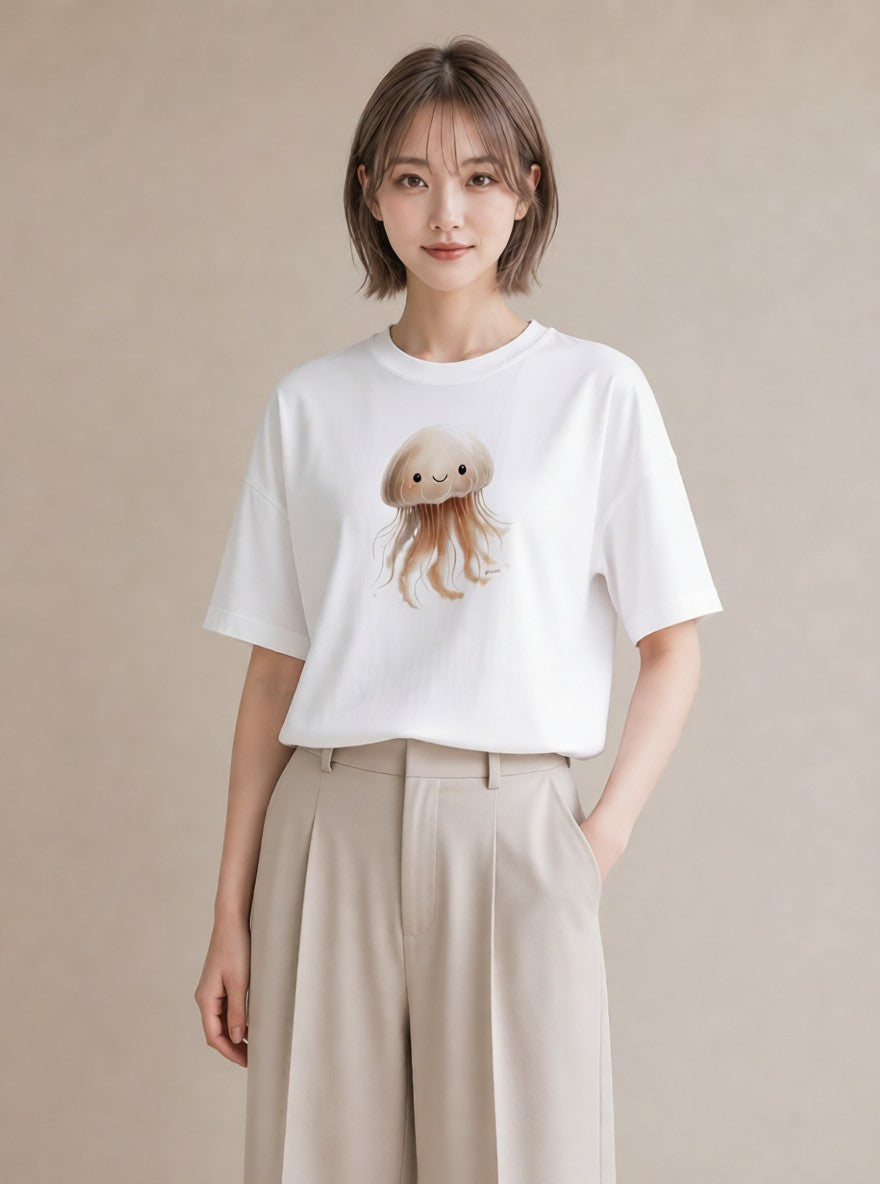 プリントTシャツ レディース くらげ クラゲ 海の生き物 海 イラスト ラフカジュアル 送別ギフト 通勤 白T YMAZO