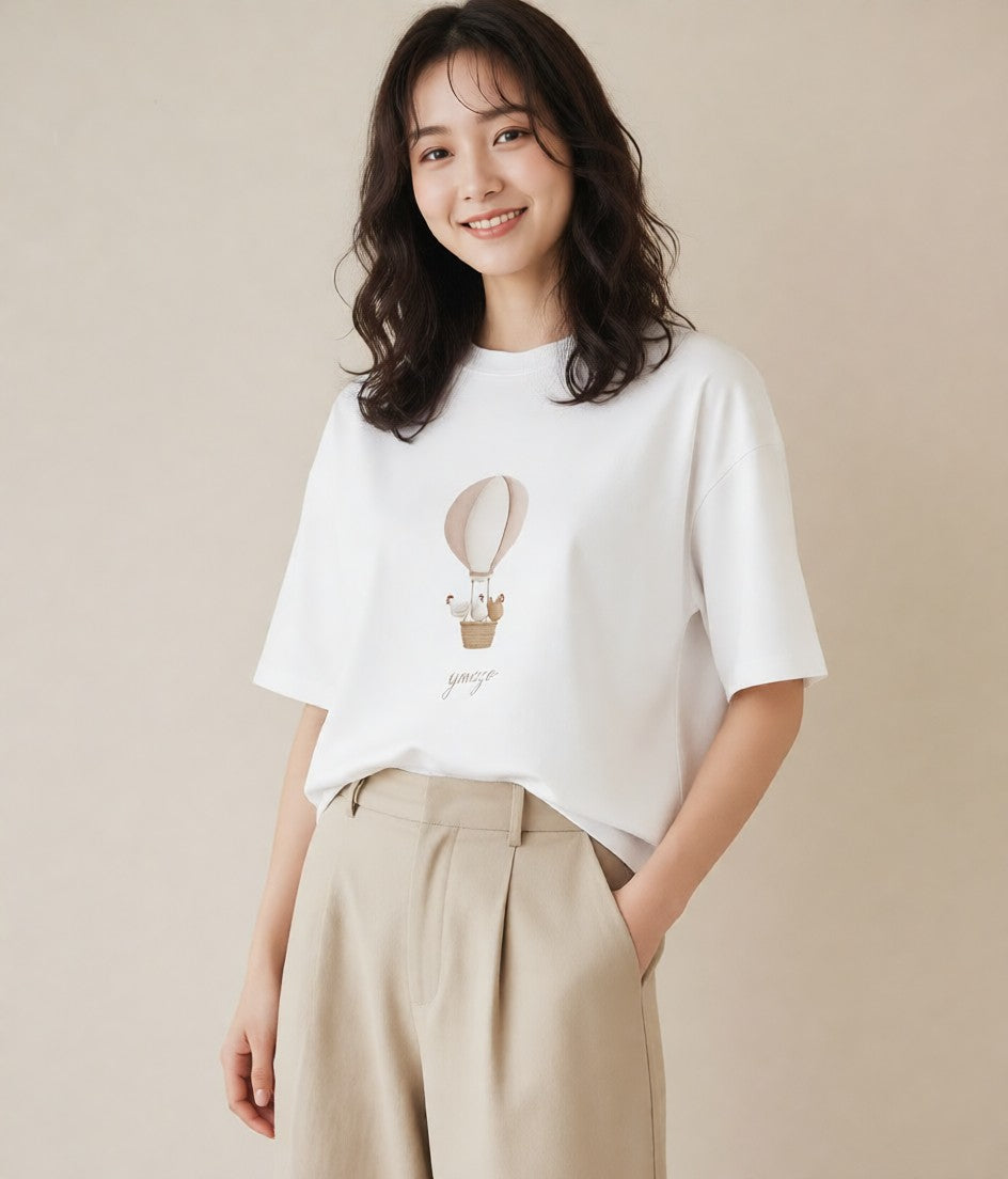 半袖Tシャツ レディース 紙風船 和紙 ナチュラル アンティーク イラスト 個性的 自分用 ルームウェア 白T YMAZO