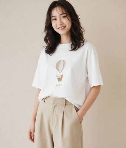 半袖Tシャツ レディース 紙風船 和紙 ナチュラル アンティーク イラスト 個性的 自分用 ルームウェア 白T YMAZO