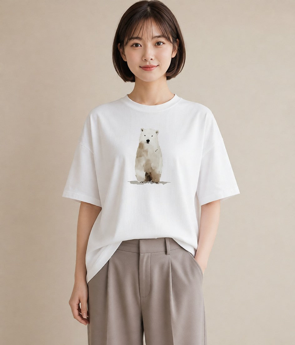 半袖Tシャツ レディース しろくま 白くま 動物 アニマル イラスト 普段使い ペアコーデ 秋コーデ 白T YMAZO