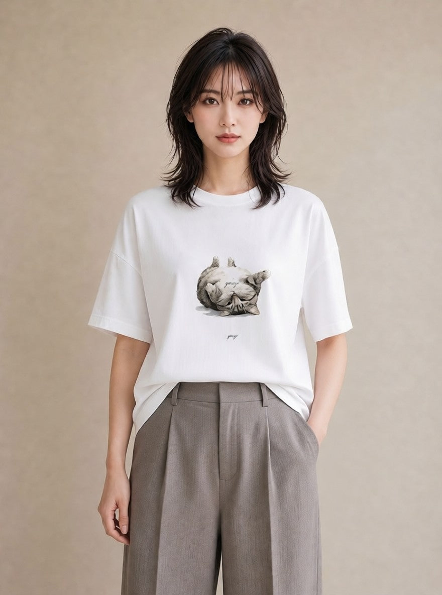 プリントTシャツ レディース 白猫 猫 ねこ イラスト アート風 母の日 ビーチ 白T YMAZO