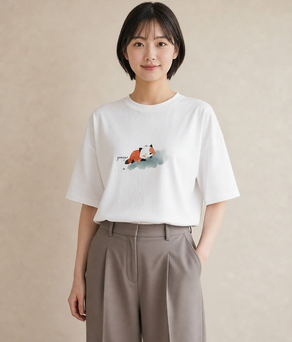 半袖Tシャツ レディース たぬき 動物 アニマル イラスト アート風 おしゃれギフト 社会人 白T YMAZO