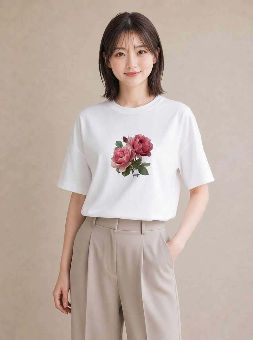 半袖Tシャツ レディース バラ 薔薇 ローズ 花 花柄 イラスト アート風 女性 旅行用 白T YMAZO