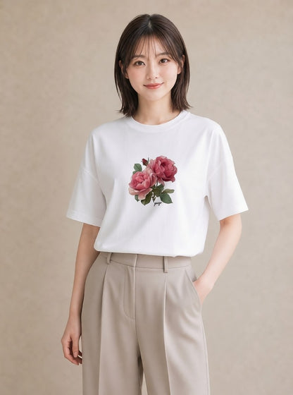 半袖Tシャツ レディース バラ 薔薇 ローズ 花 花柄 イラスト アート風 女性 旅行用 白T YMAZO