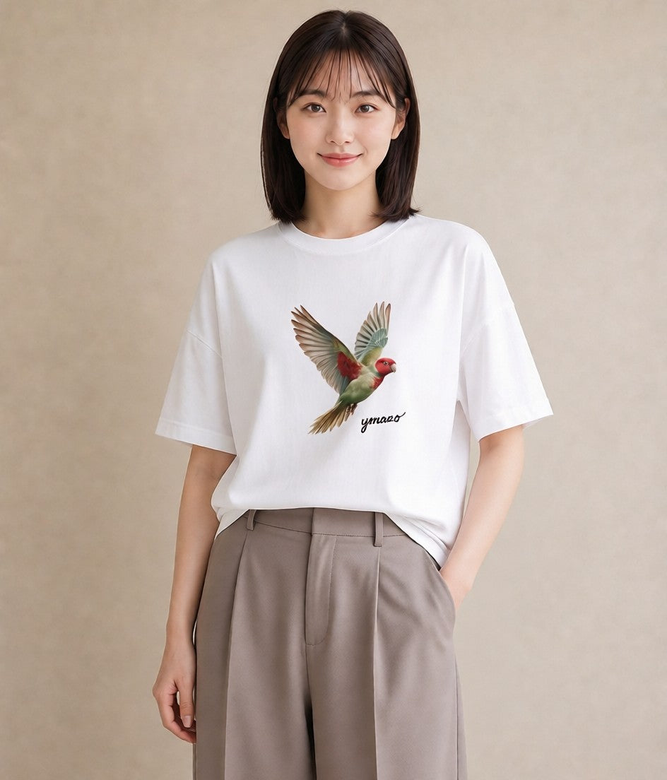 半袖Tシャツ レディース ボタンインコ ペット 動物 イラスト ニュアンス 秋コーデ おしゃれギフト 白T YMAZO