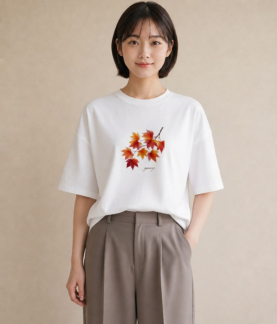 Tシャツ レディース 落ち葉 植物 ボタニカル イラスト モード 在宅 公園 白T YMAZO