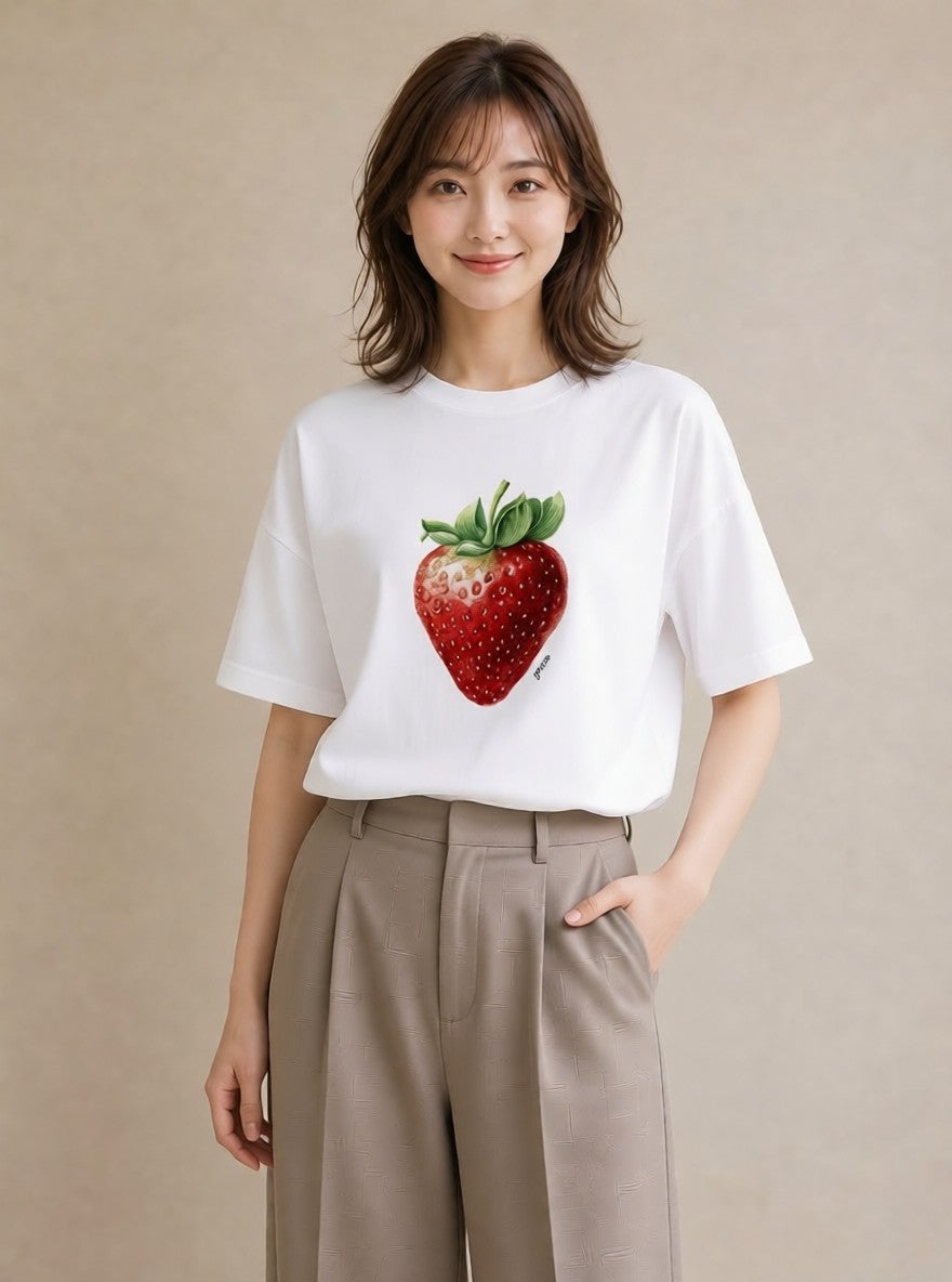 グラフィックTシャツ レディース いちご 苺 ストロベリー 食べ物 フード イラスト 個性的 綿100 デート 白T YMAZO