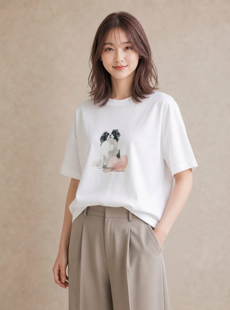 プリントTシャツ レディース 狆 犬 いぬ イラスト モード 友達ギフト 部屋着 白T YMAZO