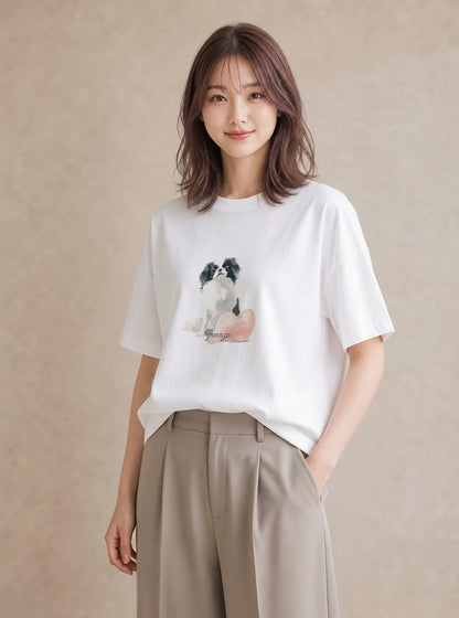 プリントTシャツ レディース 狆 犬 いぬ イラスト モード 友達ギフト 部屋着 白T YMAZO