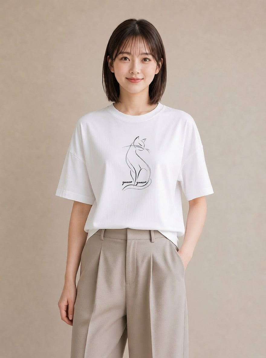 デザインTシャツ レディース 猫 ねこ ネコ イラスト 旅行コーデ 散歩 お出かけ 白T YMAZO