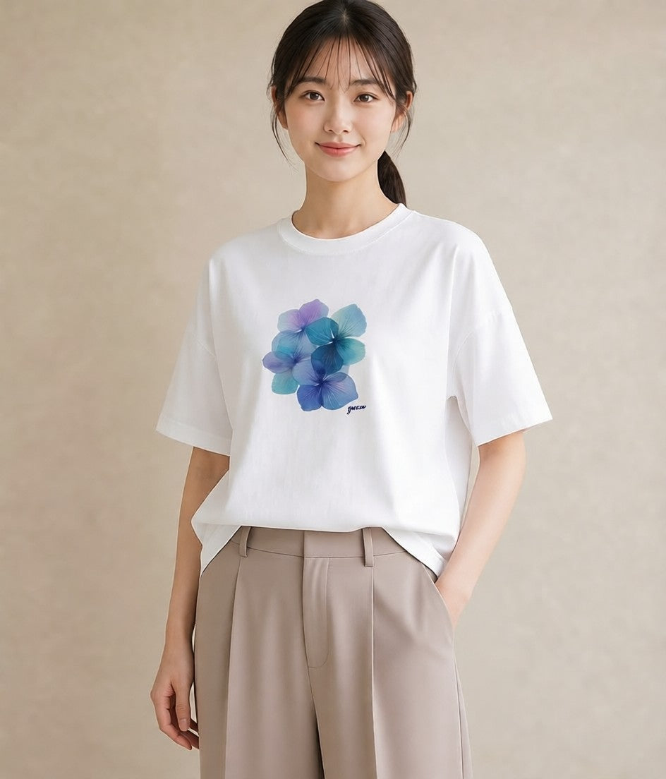 デザインTシャツ レディース あさがお 朝顔 花 花柄 イラスト 北欧風 女性向けギフト 散歩 白T YMAZO