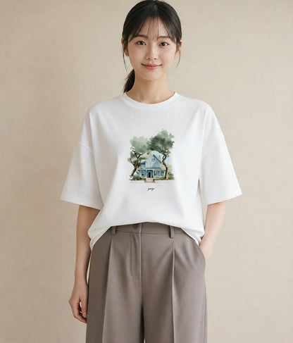 プリントTシャツ レディース 湖畔の小屋 湖 小屋 ナチュラル アンティーク イラスト アート風 ミセス 春コーデ 白T YMAZO