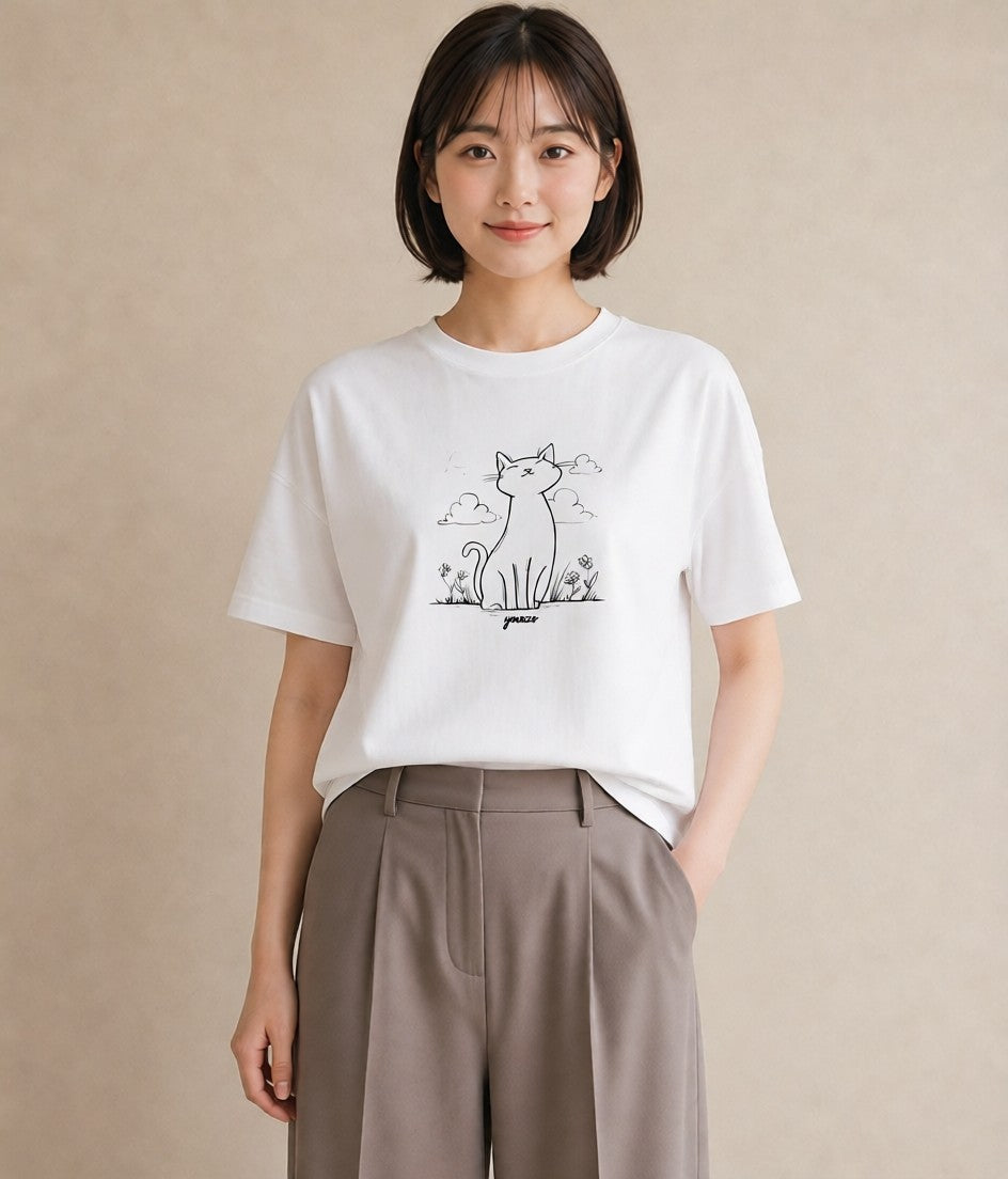 プリントTシャツ レディース 猫 ねこ ネコ イラスト モード 女性 旅行用 白T YMAZO