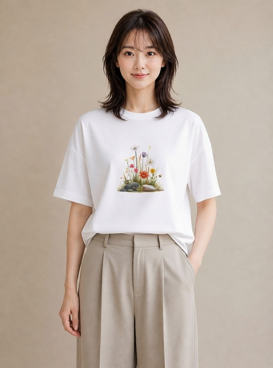 デザインTシャツ レディース ポスト 野の花 レトロ ナチュラル アンティーク イラスト きれいめ お出かけ 普段着 白T YMAZO