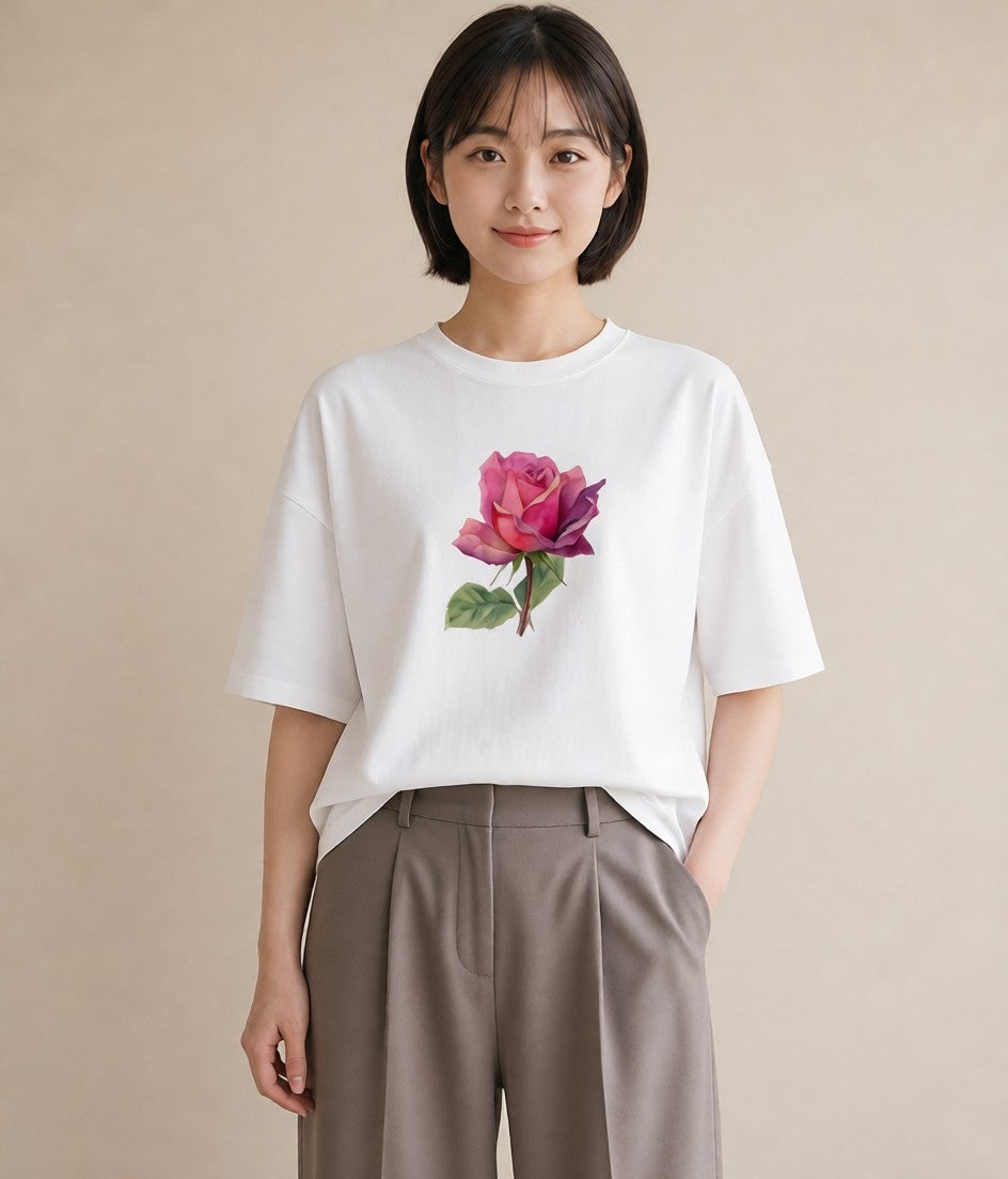 プリントTシャツ レディース バラ 薔薇 ローズ 花 花柄 イラスト カフェ服 クリスマス 白T YMAZO