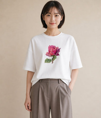 プリントTシャツ レディース バラ 薔薇 ローズ 花 花柄 イラスト カフェ服 クリスマス 白T YMAZO
