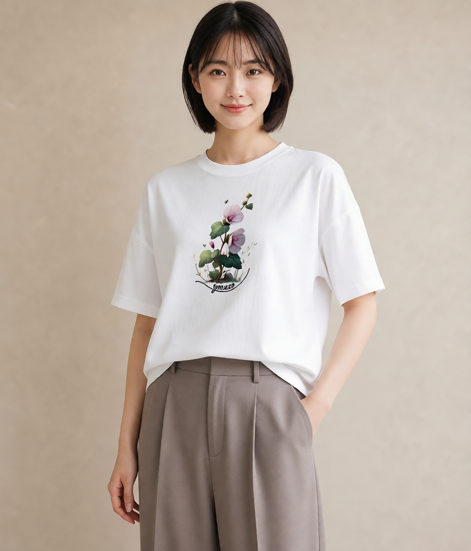 Tシャツ レディース クローバー 四つ葉 花 花柄 イラスト ラフカジュアル 社会人 女性 白T