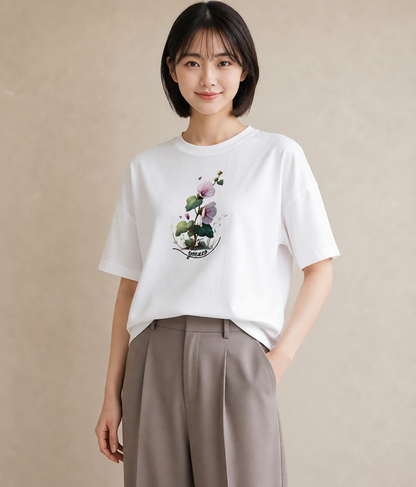 Tシャツ レディース クローバー 四つ葉 花 花柄 イラスト ラフカジュアル 社会人 女性 白T