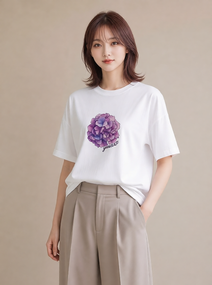 半袖Tシャツ レディース パンジー 花 花柄 イラスト きれいめ ホワイトデー 春服 白T