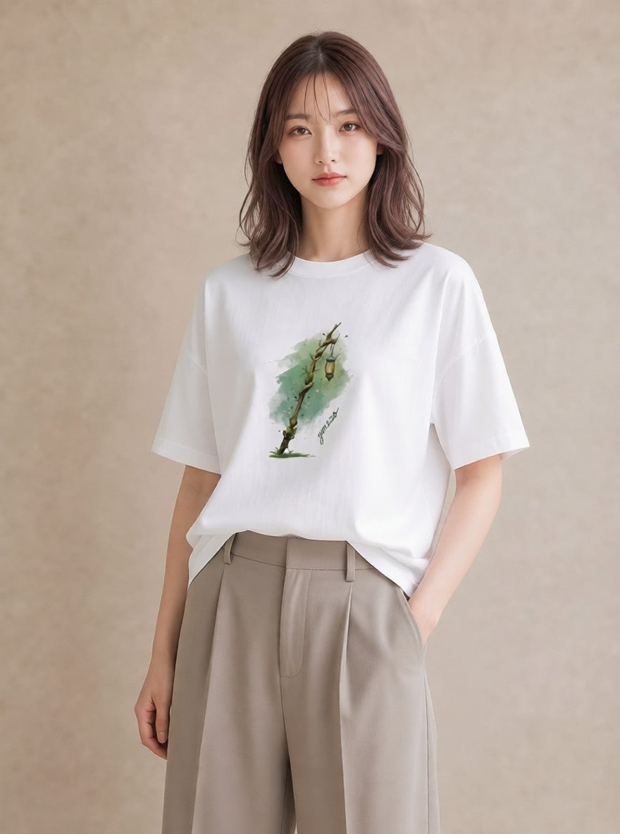 半袖Tシャツ レディース 街灯 夜霧 夜 ナチュラル アンティーク イラスト 旅行コーデ 旅行 母娘コーデ 白T YMAZO