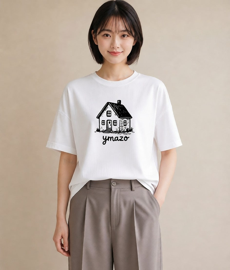 デザインTシャツ レディース 湖畔の小屋 湖 小屋 ナチュラル アンティーク イラスト 上品 秋コーデ おしゃれギフト 白T YMAZO