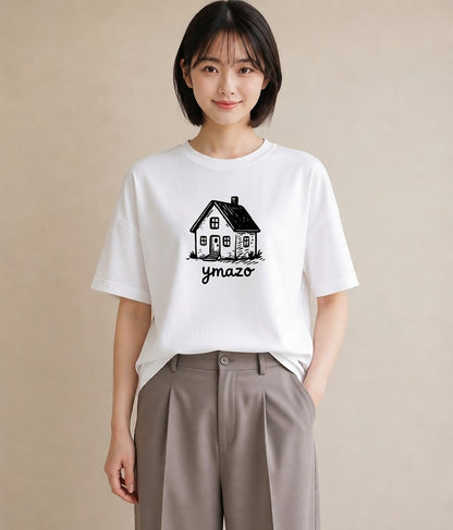 デザインTシャツ レディース 湖畔の小屋 湖 小屋 ナチュラル アンティーク イラスト 上品 秋コーデ おしゃれギフト 白T YMAZO