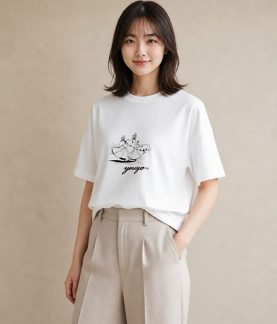 半袖Tシャツ レディース バレエシューズ バレエ トウシューズ ナチュラル アンティーク イラスト 可愛い 海 カフェ巡り 白T YMAZO