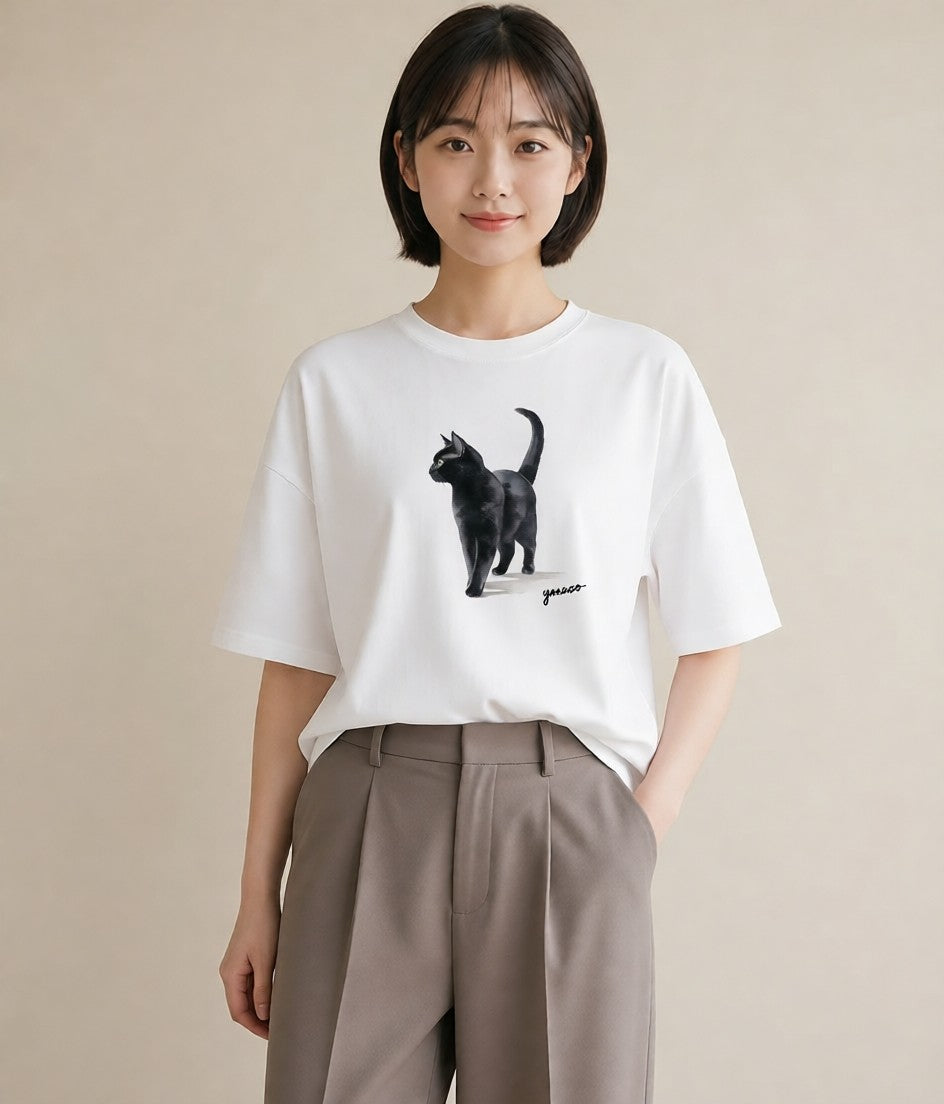 デザインTシャツ レディース 猫 ねこ イラスト モード 敬老の日 ホワイトデー 白T YMAZO