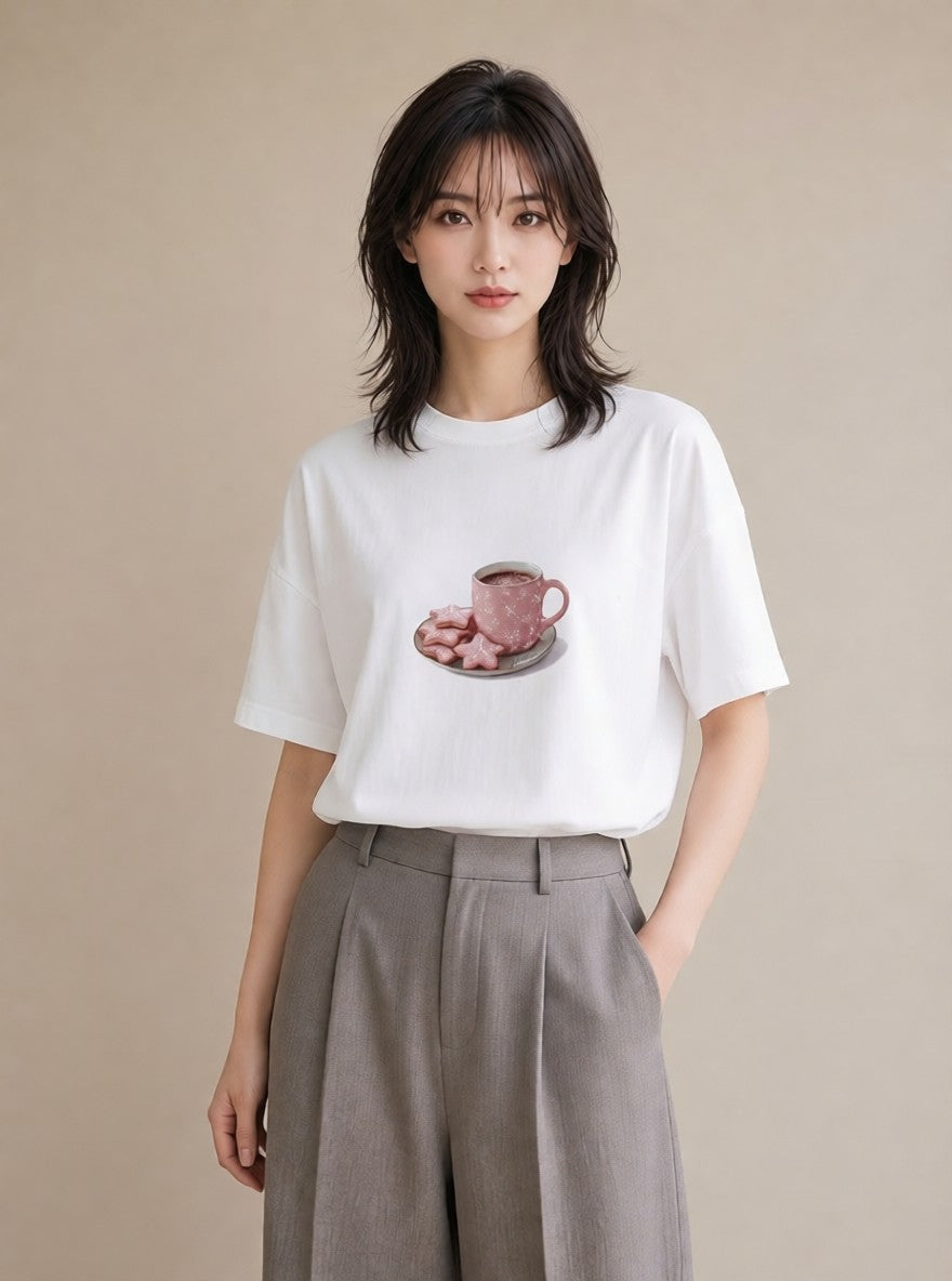 半袖Tシャツ レディース ココア 食べ物 フード イラスト ミセス 春コーデ 白T YMAZO