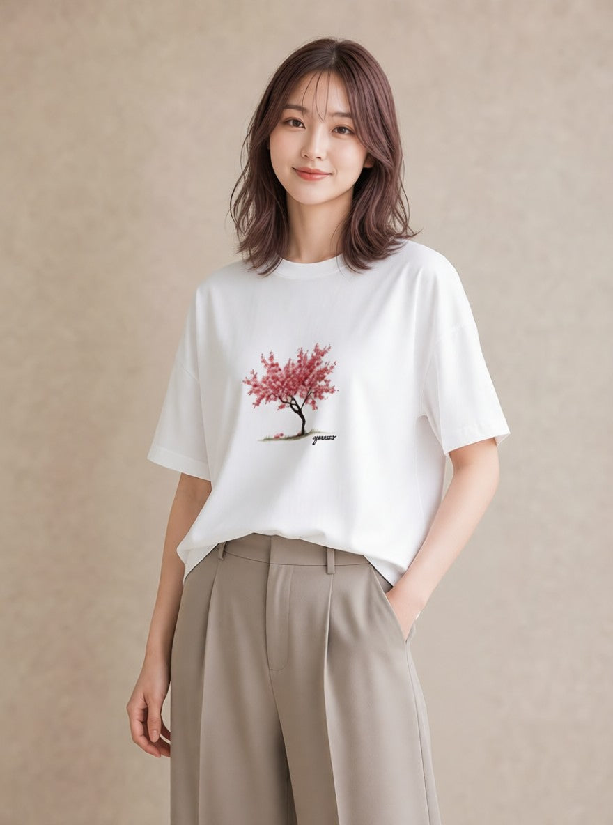 デザインTシャツ レディース 盆栽 植物 ボタニカル イラスト カジュアル ラフ レイヤード 白T YMAZO