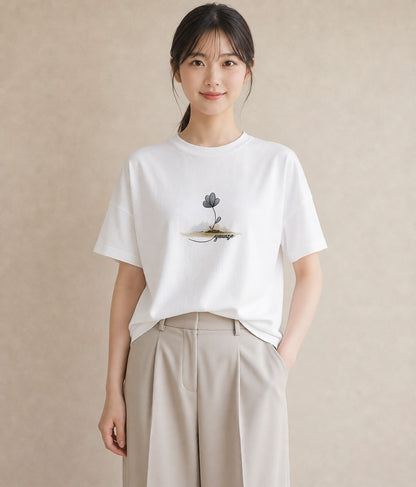Tシャツ レディース 青の水彩 風景 ブルー ナチュラル アンティーク イラスト カフェ巡り 女子会 白T YMAZO