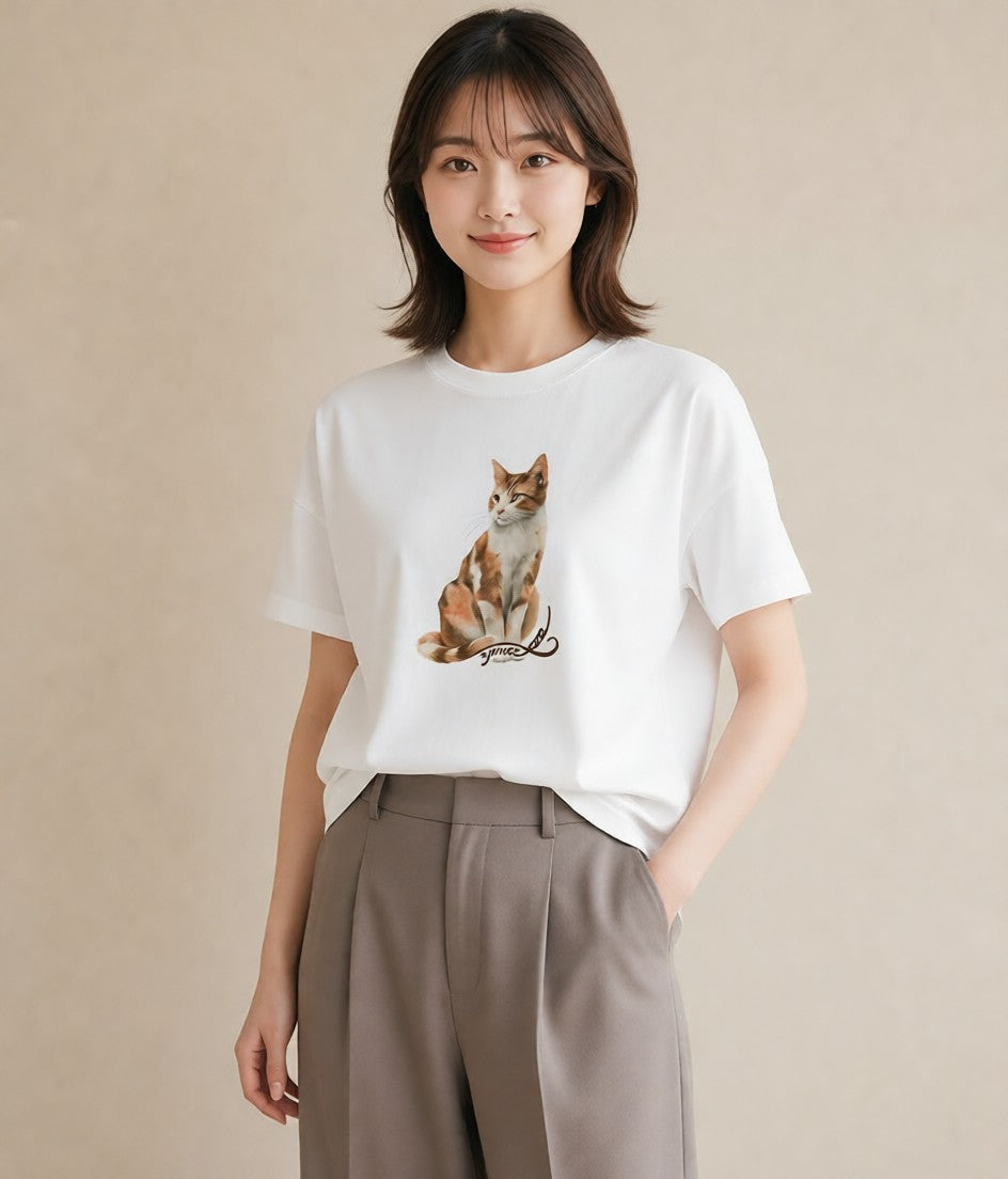 半袖Tシャツ レディース 靴下猫 猫 ねこ イラスト アート風 カフェ服 クリスマス 白T YMAZO