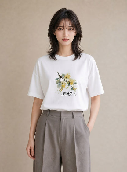 プリントTシャツ レディース ミモザ 花 花柄 イラスト ボタニカル 20代 カジュアルコーデ 白T YMAZO