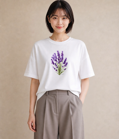 半袖Tシャツ レディース ラベンダー 花 花柄 イラスト ラフカジュアル 通学 誕生日プレゼント 白T