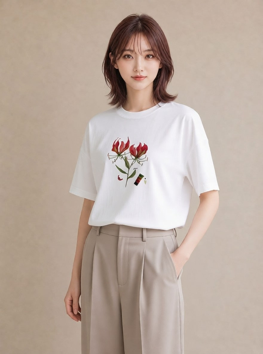 グラフィックTシャツ レディース 彼岸花 花 花柄 イラスト こなれ感 普段着 週末コーデ 白T YMAZO