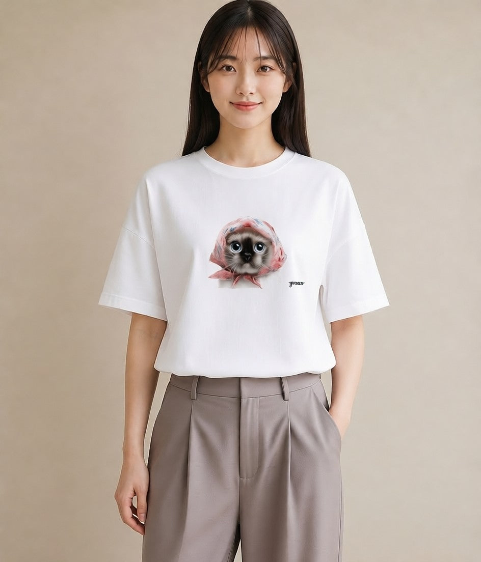 Tシャツ レディース シャム柄 猫 ねこ イラスト きれいめ ビーチ デイリーウェア 白T YMAZO