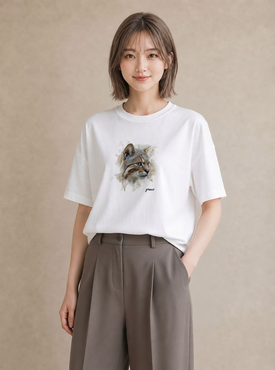 グラフィックTシャツ レディース ぶち猫 猫 ねこ イラスト アート風 クリスマス 旅行 白T YMAZO