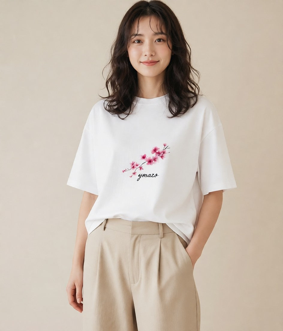 半袖Tシャツ レディース さくら 桜 サクラ 花 花柄 イラスト 可愛い 公園 ママ 白T YMAZO