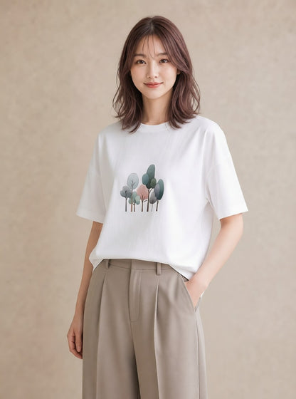 半袖Tシャツ レディース 青の水彩 風景 ブルー ナチュラル アンティーク イラスト 北欧風 ママ カフェ服 白T YMAZO