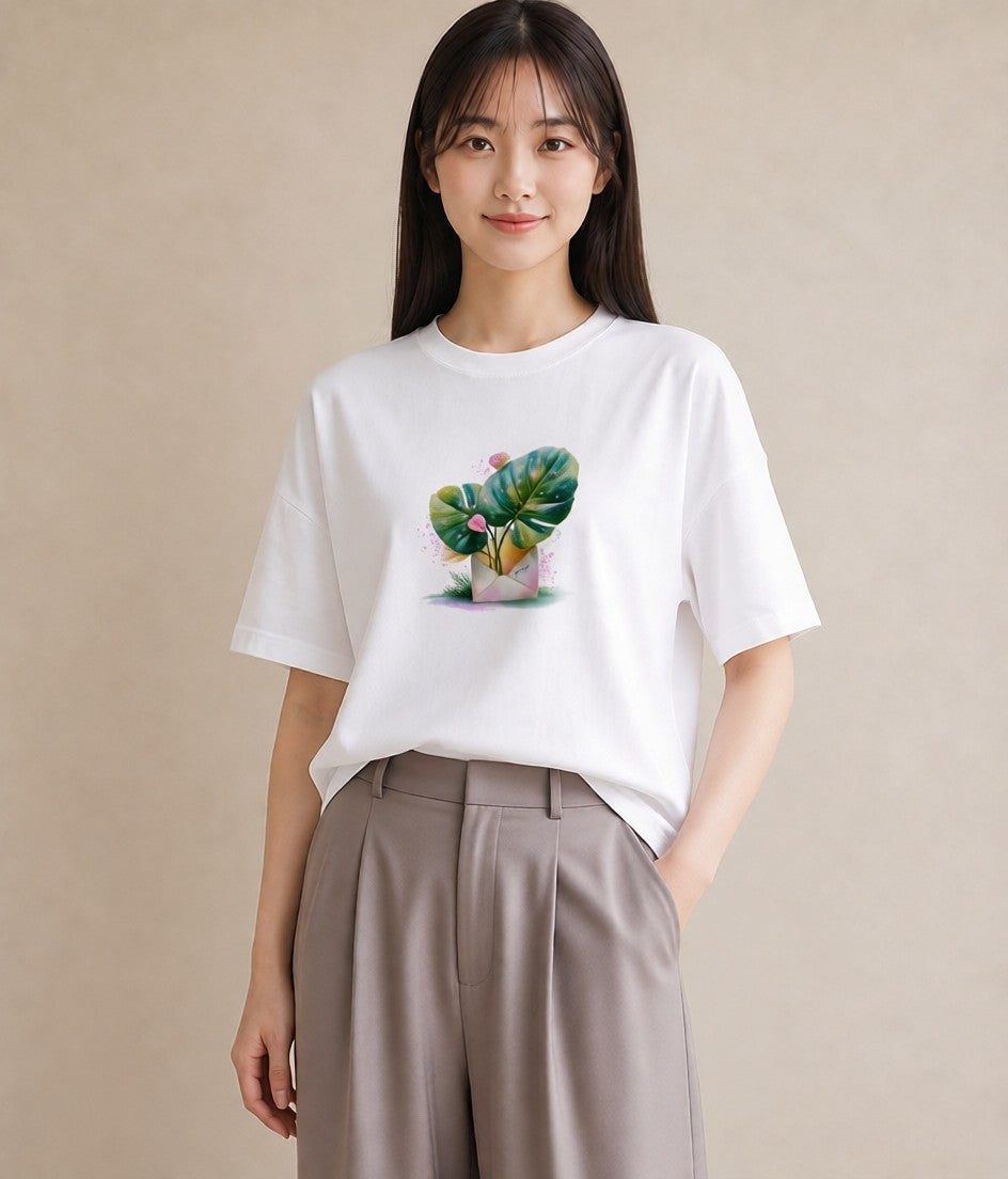デザインTシャツ レディース モンステラ 植物 ボタニカル イラスト 線画 おしゃれギフト 社会人 白T YMAZO