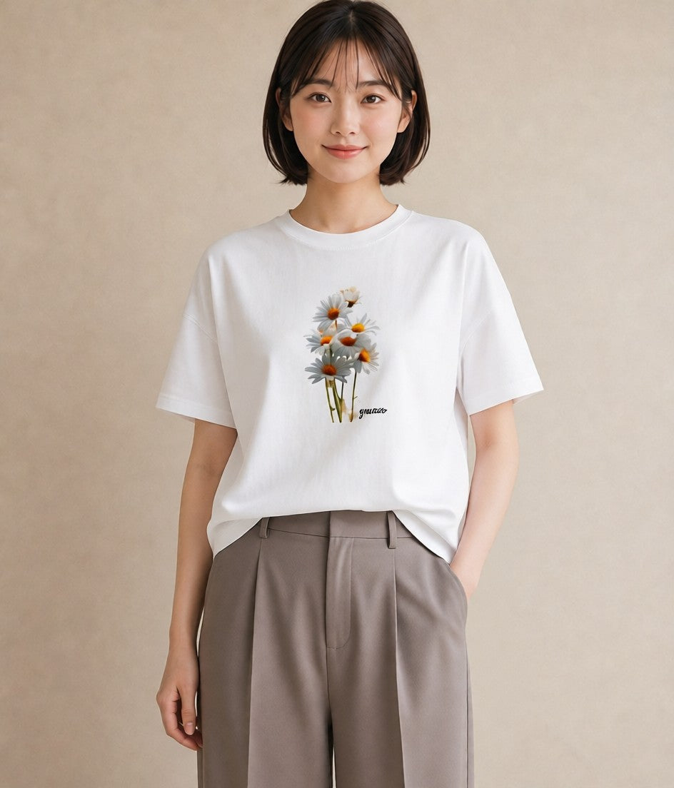 プリントTシャツ レディース マーガレット 花 花柄 イラスト お洒落 週末コーデ 敬老の日 白T YMAZO