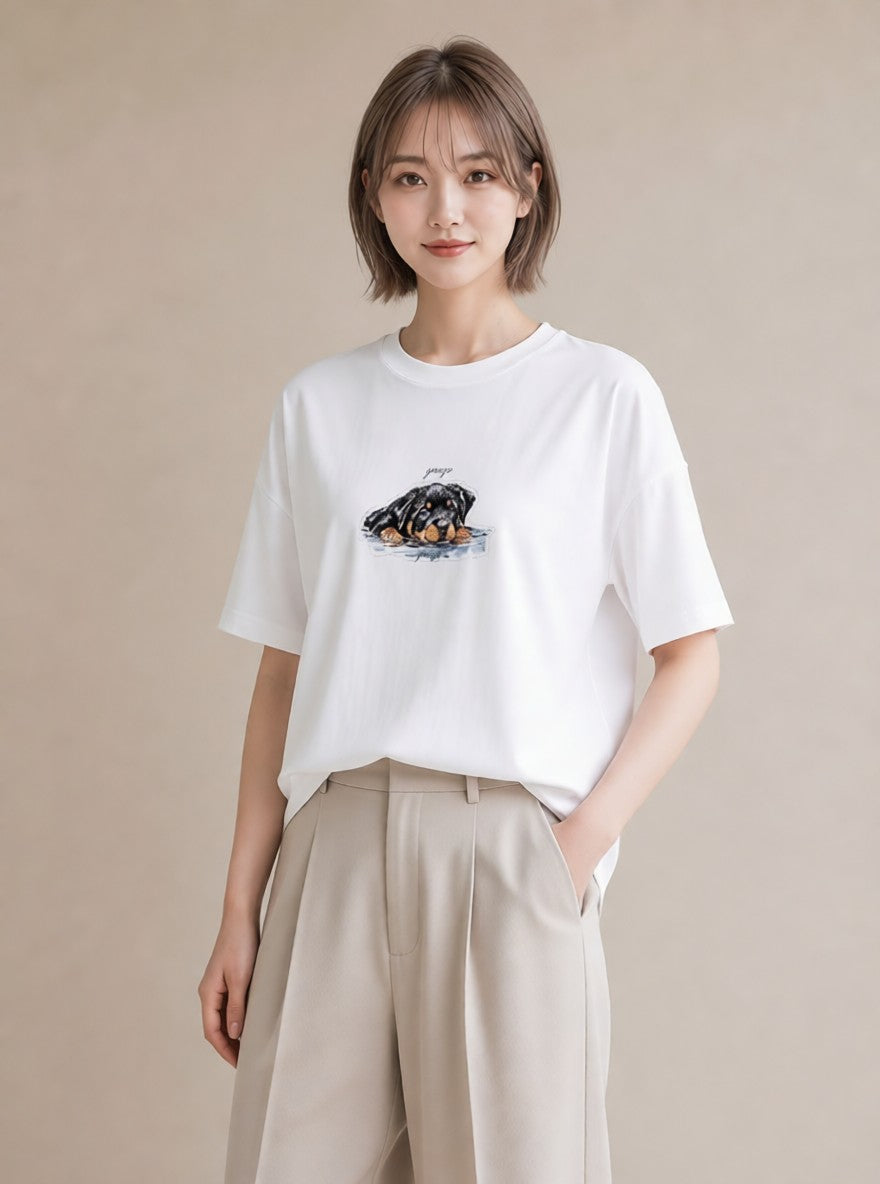 グラフィックTシャツ レディース 黒柴 犬 いぬ イラスト 抜け感 在宅 公園 白T YMAZO